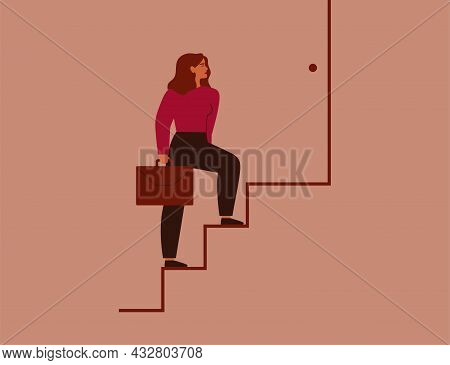 Businesswoman Climbing Up Onto Career Ladder. Strong Woman Takes Step By Step Forward To Success. Fe