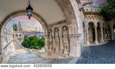 Budapest, Hungary - August 23, 2021: South Gate Of The Famous Fisherman's Bastion. It Was Designed A