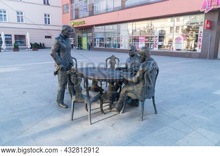 Lodz, Poland - June 7, 2021: Monument Of Creators Of Industrial Lodz (pomnik Trzech Fabrykantow).