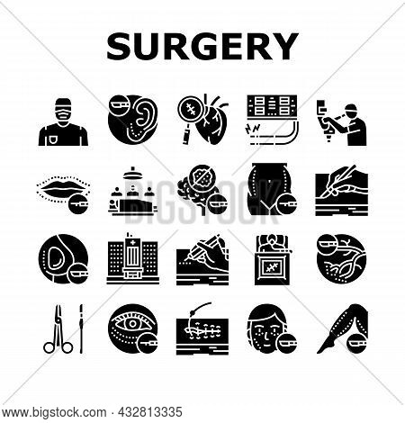 Surgery Medicine Clinic Operation Icons Set Vector. Lips And Facial Plastic Surgery, Liposuction And