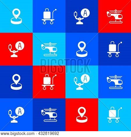 Set Location, Trolley Baggage, Aircraft Steering Helm And Helicopter Icon. Vector