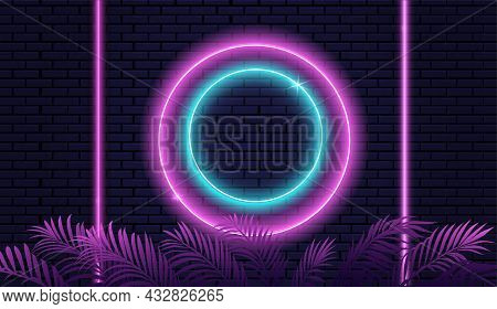 Empty Neon Stage. Several Multi-colored Circles In Center. Sign For Night Club And Advertising Of Go