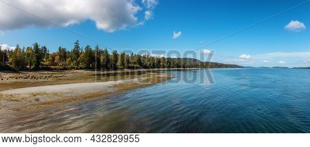 Panoramic View Of Scenic Shore On Pacific Ocean West Coast. Sunny Summer Day. Fernwood Point Beach, 