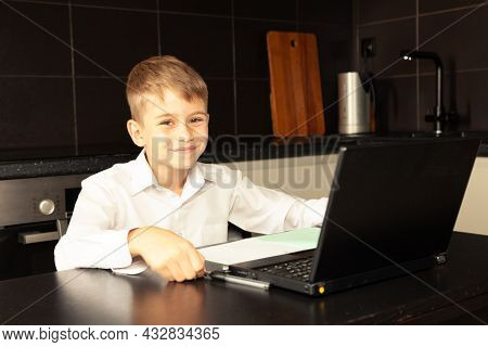 Cheerful Child Close Up During Online Lesson.
