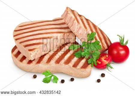Tuna Fish Steak Grilled Isolated On White Background With Clipping Path And Full Depth Of Field