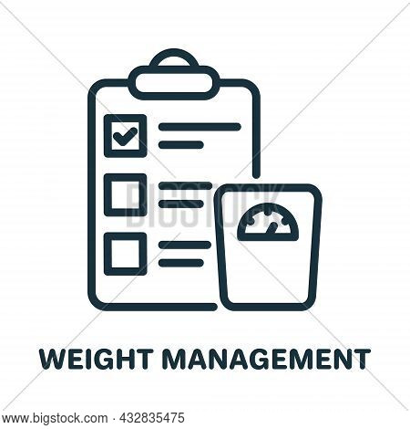 Weight Management Line Icon. Body Mass Control Linear Pictogram. Plan For Weight Control On Clipboar