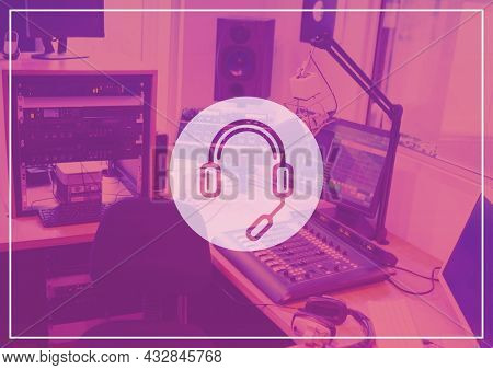 Composition of headset and microphone symbol over digital audio workstation home studio in pnk. music creation and communication concept, digitally generated image.