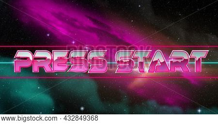 Image of game screen with Press Start text written in pink and silver shiny letters and universe and stars moving in background. Vintage image game entertainment concept digitally generated image.