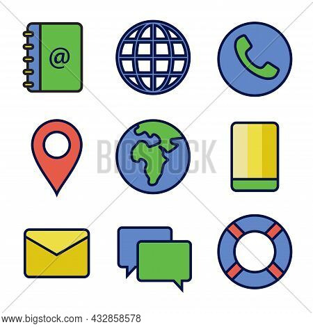 Flat Icon Set Of Contact In Primary Color. Perfect For Design Element Of Business Card And Personal 