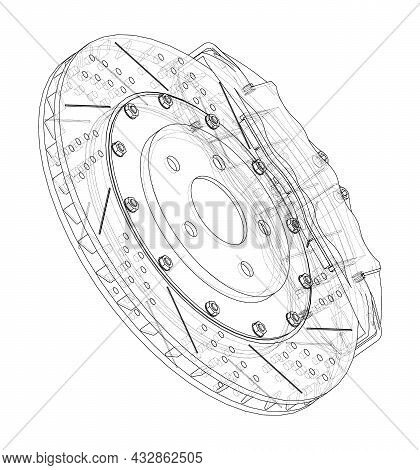 Brake Disc Outline. Vector Rendering Of 3d. Wire-frame Style. The Layers Of Visible And Invisible Li