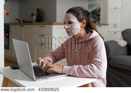 Young Woman With Beauty Mask At Home. Snackable Wellness Concept. Self Care For Home Office . Quick 