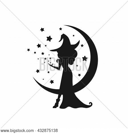 Black Witch With Stars And Crescent In The Night Sky. Half Moon And Stars And Hag In Hat. Magic, Fan