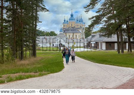 Saint Petersburg, Russia - July 12, 2021: A Group Of Religious Pilgrims Visited The Konevets Monaste