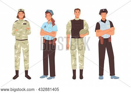 Police And Military Officer Isolated Men Women Cartoon Characters. Vector Army Workers Professions M