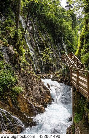 Beautiful Wimbachklamm Gorge With Wooden Path At Ramsau Bei Berchtesgaden In Germany, Europe