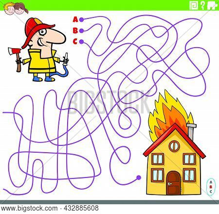Cartoon Illustration Of Lines Maze Puzzle Game With Firefighter Character And Burning House