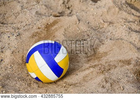 Vladivostok, Russia - Jule 7: Voleyball On The Beach. Collored Ball On The Pebble. Close-up. Copy Sp
