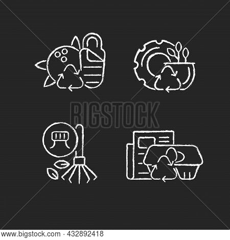 Processing Recycled Material Chalk White Icons Set On Dark Background. Sustainable Camping Gear. Rub