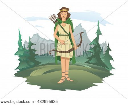 A Woman With A Bow And Arrow Standing Against The Background Of A Forest And A Mountain Landscape. H