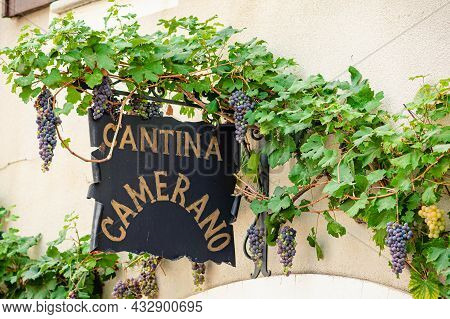 Barolo, Italy - September 10 2021: Sign Of An Old Cellar With Vineyard And Black Grapes In Barolo, P