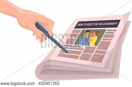 Woman Hand With Pen Points To Paper Publication With Fresh News. Publishing Article, Newspaper About