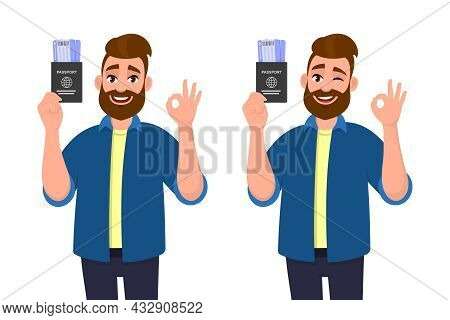 Young Hipster Man Showing Passport With Ticket And Gesturing Okay, Ok Sign. Bearded Person Holding B