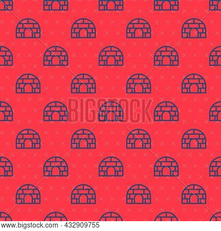 Blue Line Igloo Ice House Icon Isolated Seamless Pattern On Red Background. Snow Home, Eskimo Dome-s