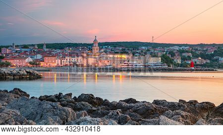Town Of Krk, Croatia. Panoramic Cityscape Image Of Krk, Croatia Located On Krk Island With The Krk C