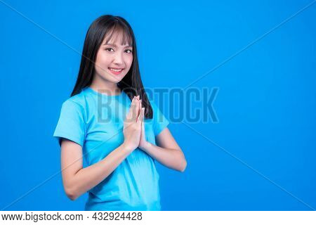 Portrait Beautiful Asian Young Woman Bangs Hair Style Pay Respect , Sawasdee Symbol From Thailand Gr