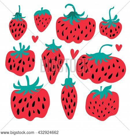 Modern Hand Rawn Set Of  Red Strawberry For Summer Design.  For Textile, Paper, Cover, Fabric, Inter