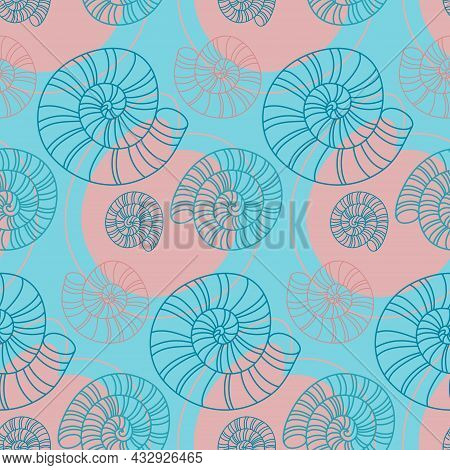 Seamless Pattern Seashell Blue Pink Color. Design For Fabric, Textile, Wrapping Paper, Wallpaper, Ba