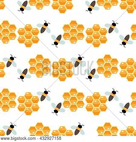 Summer Flat Cartoon Seamless Pattern With Honeyed And Bees. Creative  Kids Texture For Fabric, Wrapp