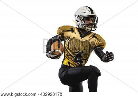 Cropped Portrait Of Male Professional American Football Player Isolated Over White Background.
