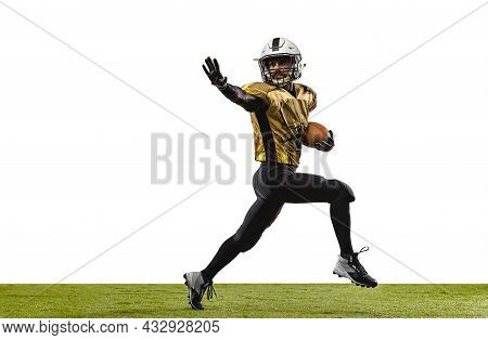 Portrait Of Professional American Footbal Player In Special Uniform Isolated Over Purple Studio Back