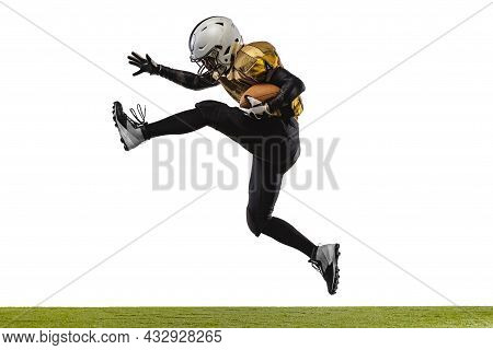 Full-length Horizontal Portrait Of Professional American Footbal Player Training Isolated Over White