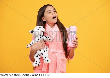 Childhood Happiness. Good Morning. Sleepy Kid Wear Nightsuit Play With Toy. Child In Cozy Sleepwear.