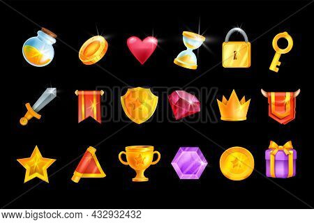 Game Icon Vector Set, Ui Cartoon Mobile App Casino Design Element Kit, Golden Coin, Winner Medal, Sh