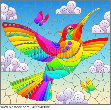 An Illustration In The Style Of A Stained Glass Window With A Bright Cartoon Hummingbird Bird On A B
