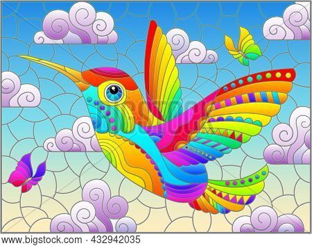 An Illustration In The Style Of A Stained Glass Window With A Bright Cartoon Hummingbird Bird On A B