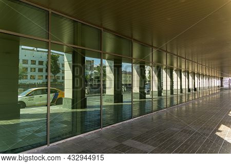 Moscow, Russia - July 18, 2021: Long Passage With Columns. Office Building At Ovchinnikovskaya Emban