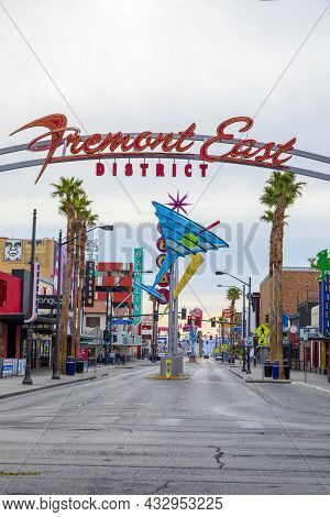 Las Vegas, Usa - March 10, 2019: Fremont East District Entrance Sign With Neon Sculptures In Early M