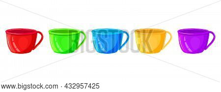 Different Color Cups Set Isolated On White Background. Ceramic Or Porcelain Colorful Mugs. Tea Or Co