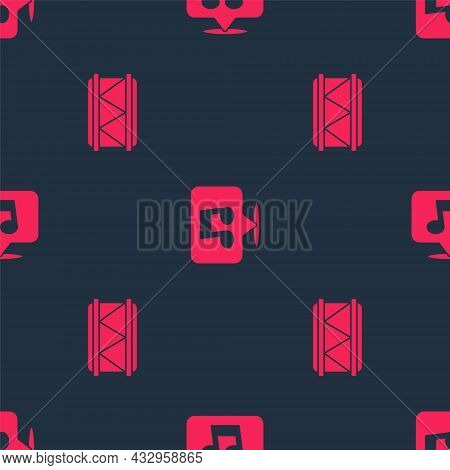 Set Drum And Music Note, Tone On Seamless Pattern. Vector