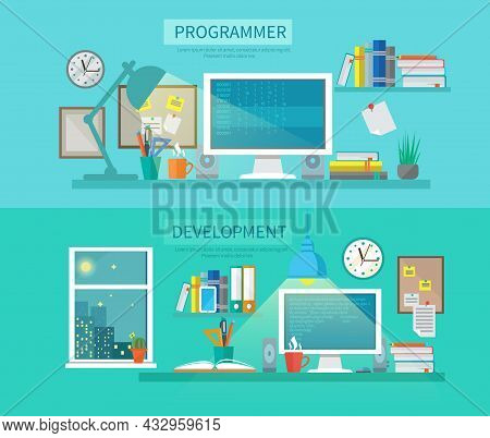 Workspace Horizontal Banner Set With Programmer And Development Elements Isolated Vector Illustratio