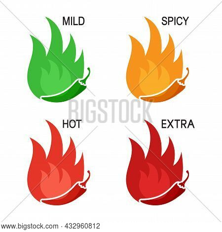 Spicy Levels Chili Pepper Vector Icon. Mild, Spicy, Hot, Extra Sauce Badge Set. Food Illustration