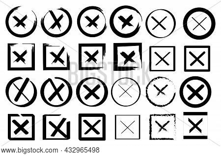 Set Of Black Crosses On White Background For Web Design. Line Stroke. Checkbox Icon. Vector Illustra