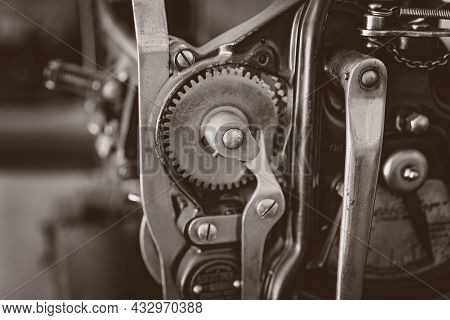 Close Up Of A Vintage Printing Machine From Yesteryear - Monotone In Shallow Depth Of Field