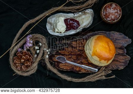 Traditional French Sweet Dessert : Scones On The Wooden Tray Served With Homemade Raspberry Jam And 