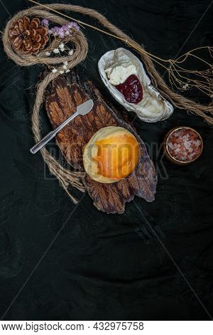 Traditional French Sweet Dessert : Scones On The Wooden Tray Served With Homemade Raspberry Jam And 