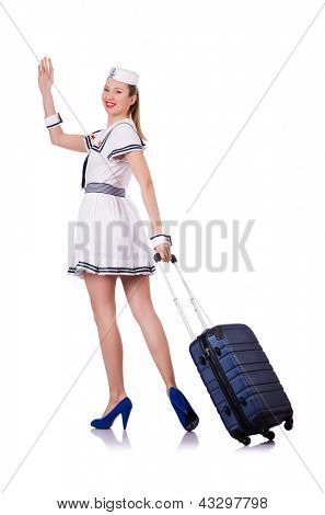 Airhostess กับกระเป๋าบนพื้นสีขาว